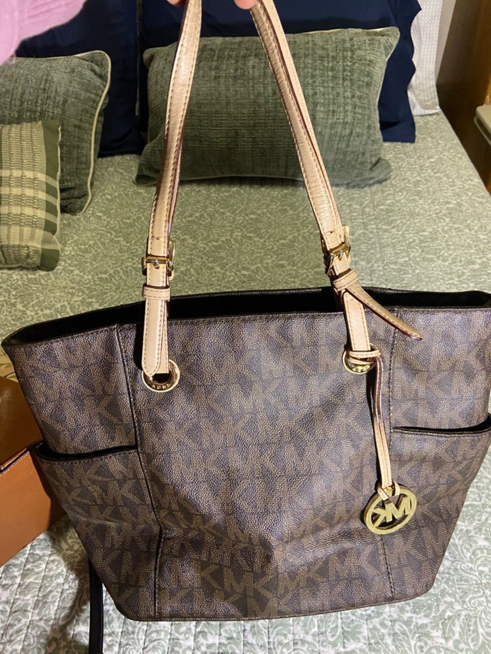 Michael Kors Brown Logo Tote with Pale Pink Straps